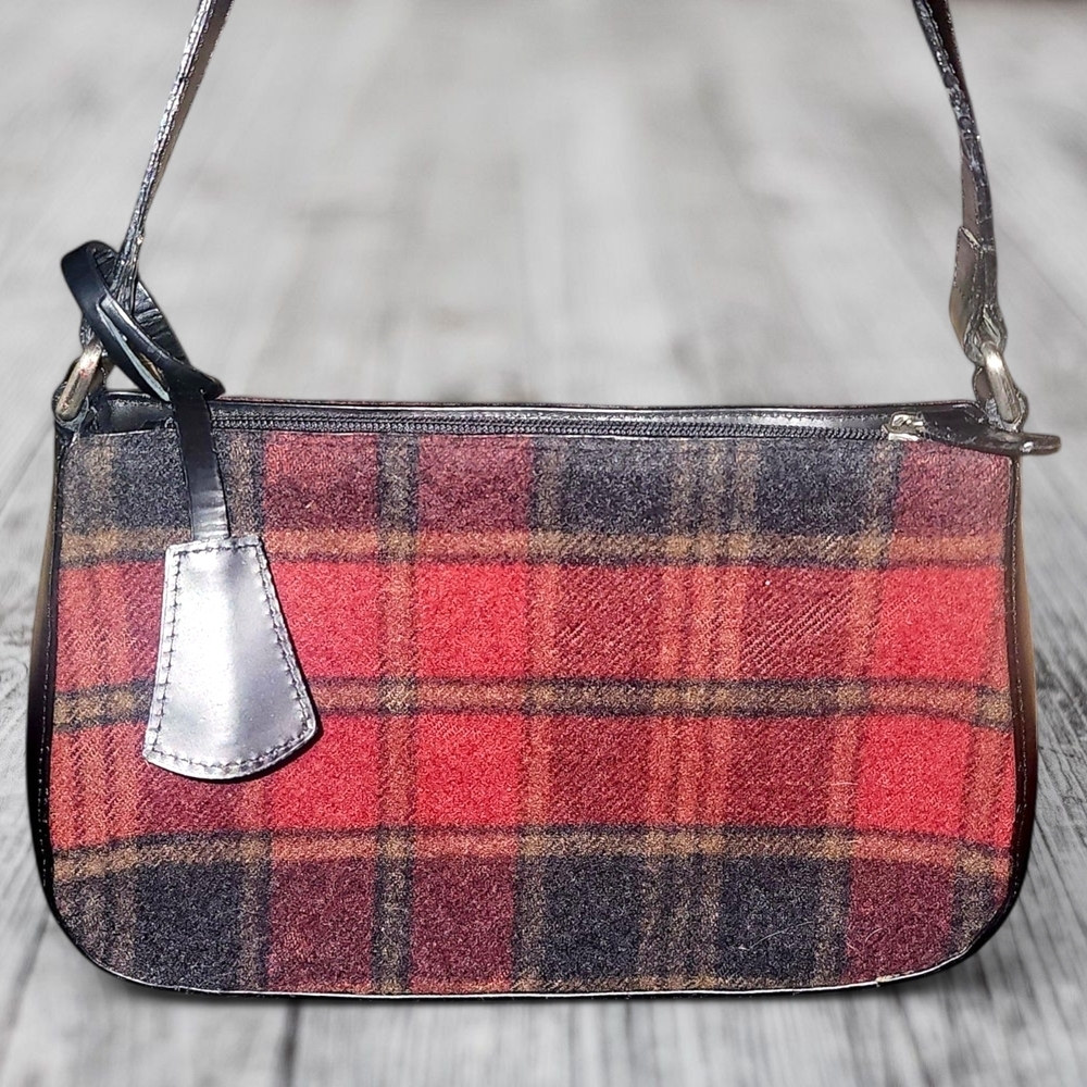 Eddie Bauer 100% WoolPlaid Mini Purse Handbag Leather Trim Small Women's - Picture 2 of 12